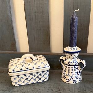 Polish Pottery Blue and White Ceramic Covered Butter Dish and Candlestick Holder